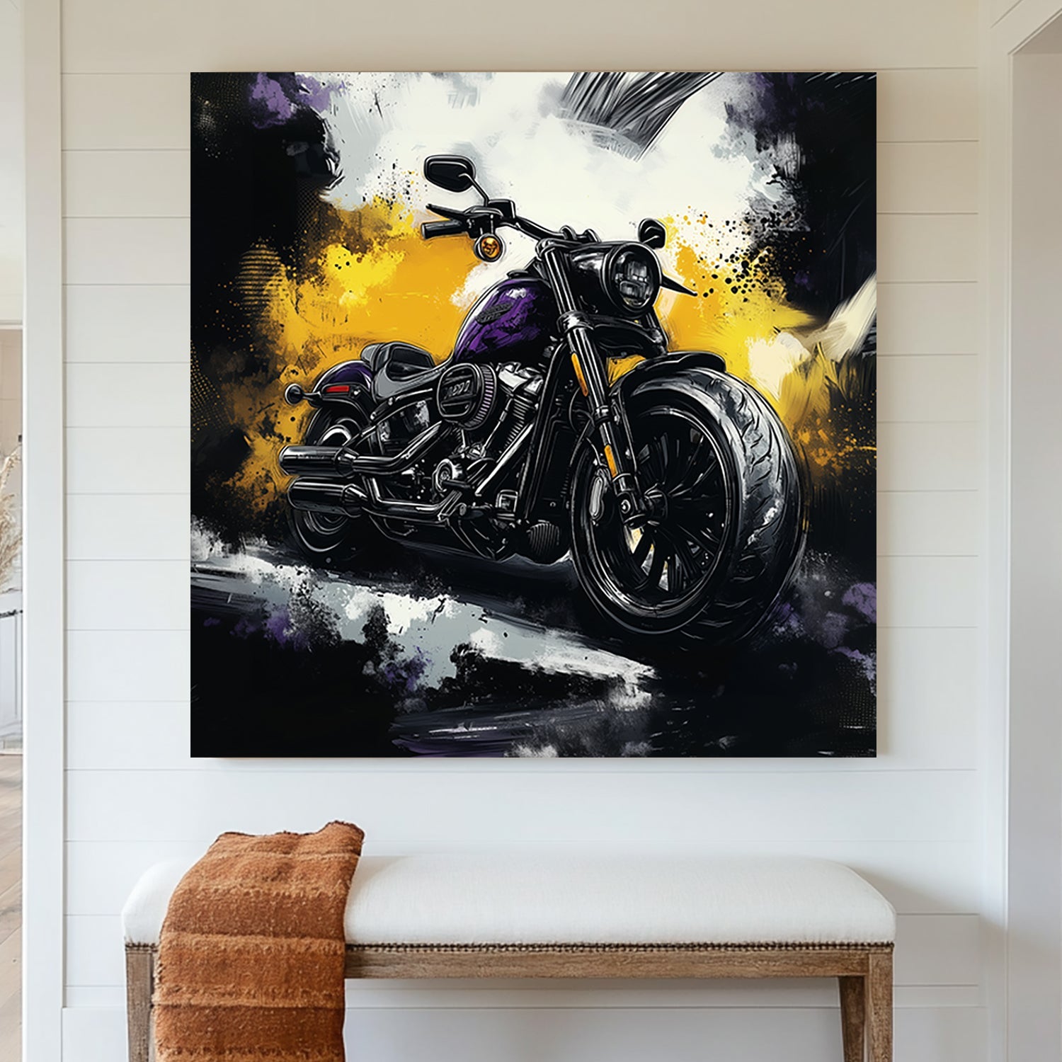 High-contrast Harley Davidson motorcycle wall art featuring a black and purple bike with a bold abstract background of yellow, black, and white.