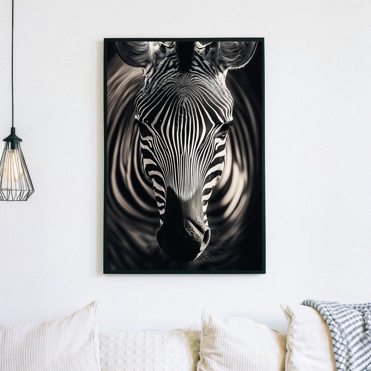 Black and white zebra close-up with detailed stripes and an abstract swirling background.