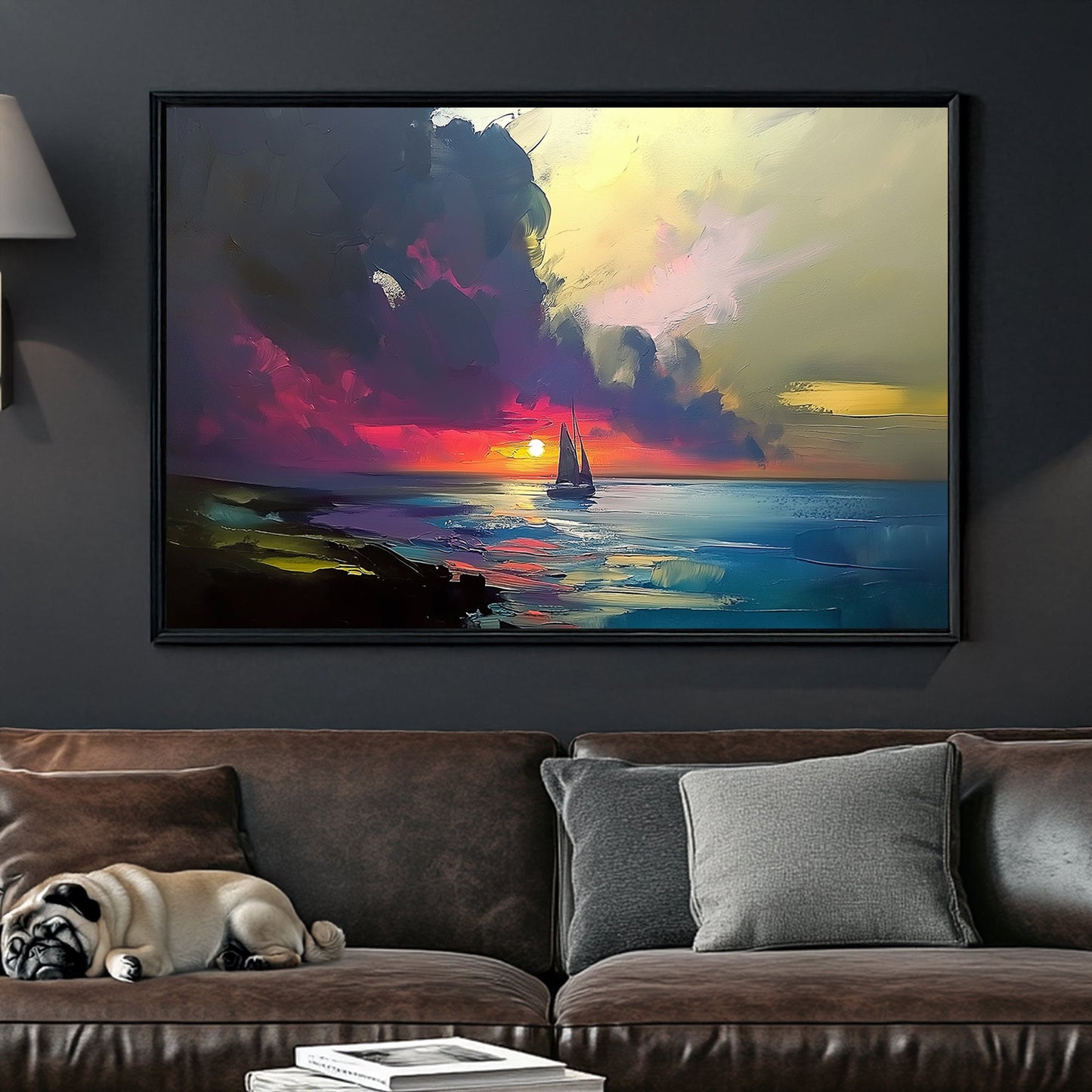 Impressionist-style wall art of a sailboat on the ocean at sunset, with rich hues of red, purple, and gold.