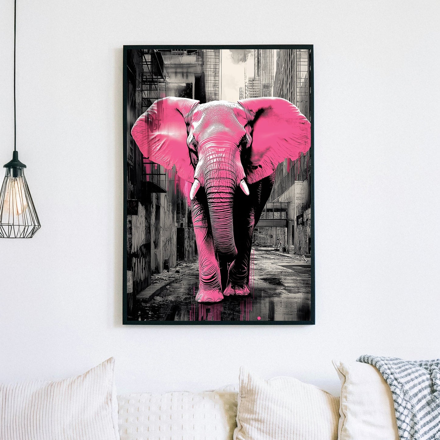 Pop-graffiti artwork of a pink elephant walking through a black-and-white cityscape with dripping paint effects.
