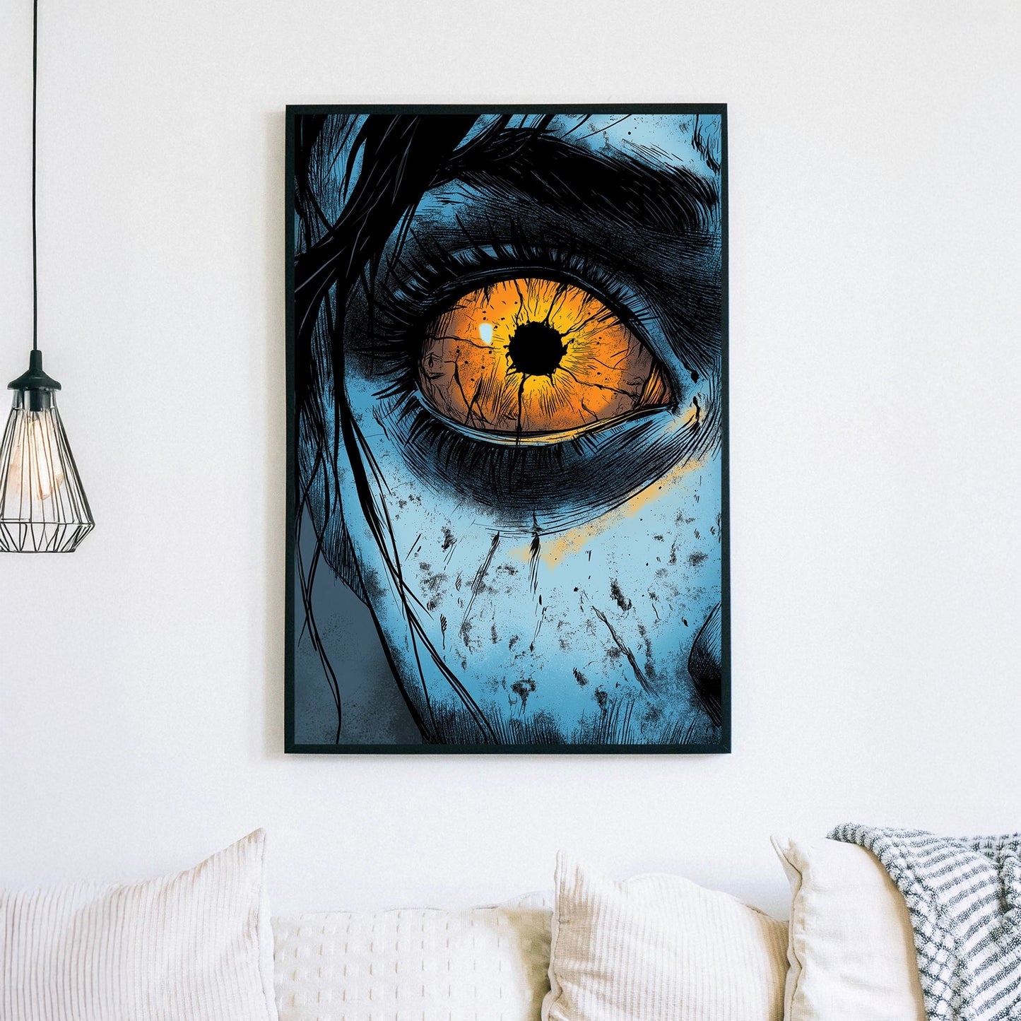 Close-up of a fiery orange cracked zombie eye in a surreal comic book-style wall art piece.