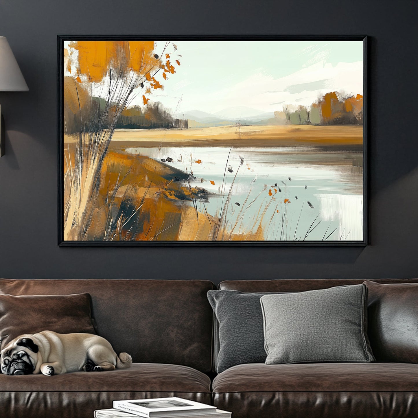 Impressionist autumn landscape wall art featuring a serene lake and golden foliage.