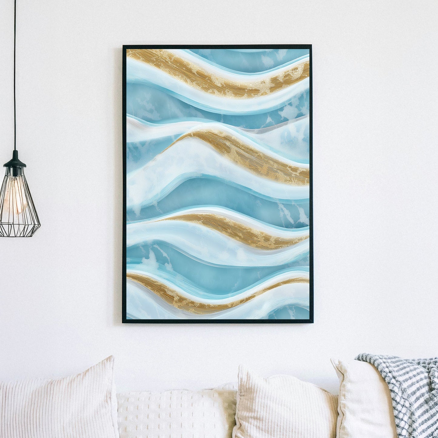 Abstract ocean waves wall art with gold and blue tones.