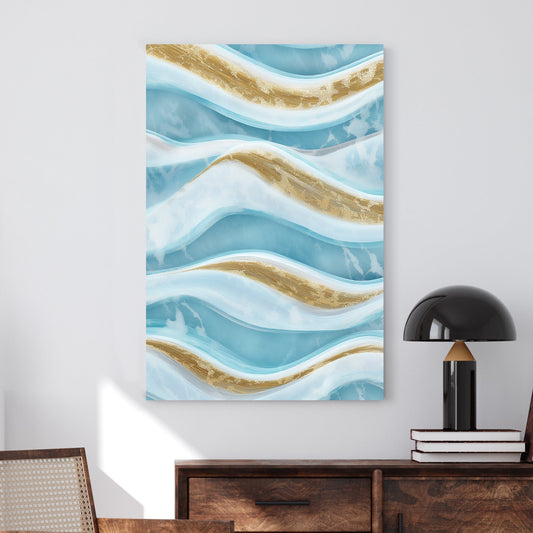 Abstract ocean waves wall art with gold and blue tones.