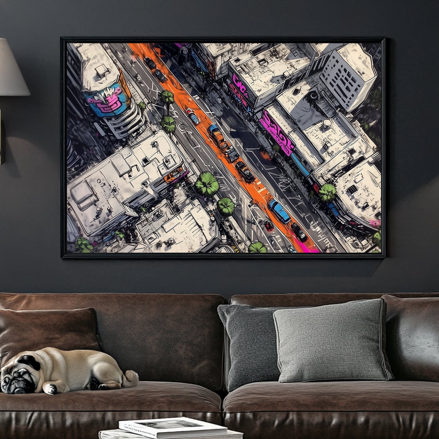 Vibrant cityscape wall art with neon lights and aerial urban streets.