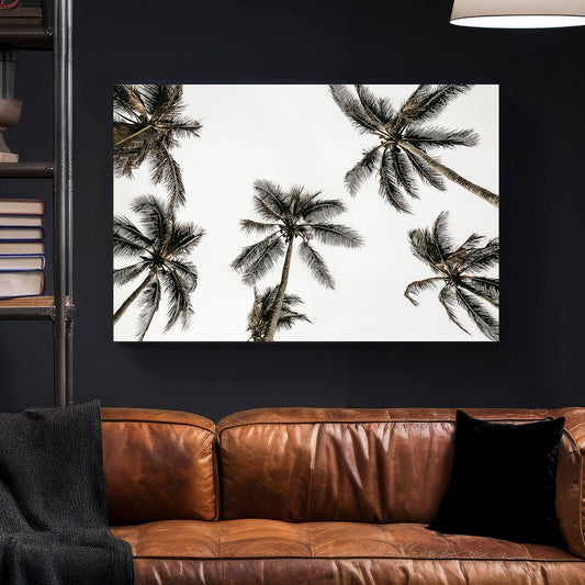 Minimalist palm tree wall art with a tropical skyward view.