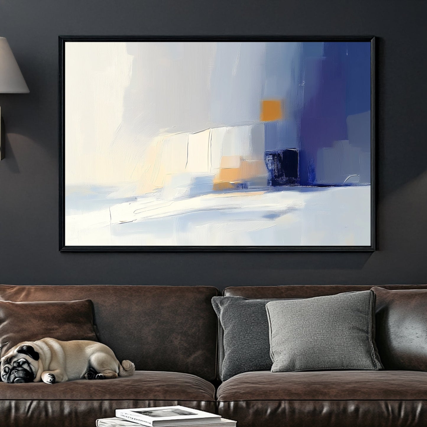 Minimalist abstract wall art with soft blues and warm gold accents.