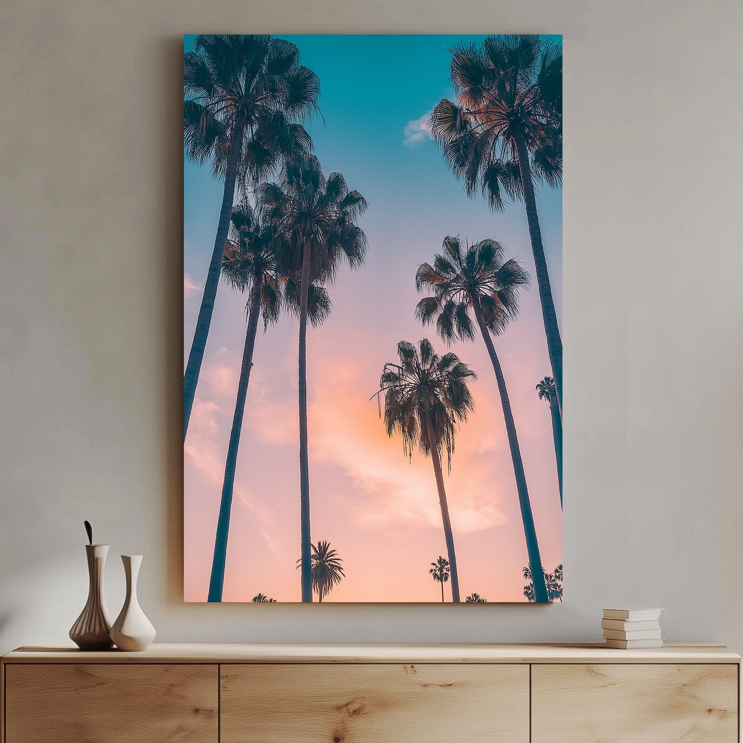 Tropical palm trees at sunset wall art with pastel sky.