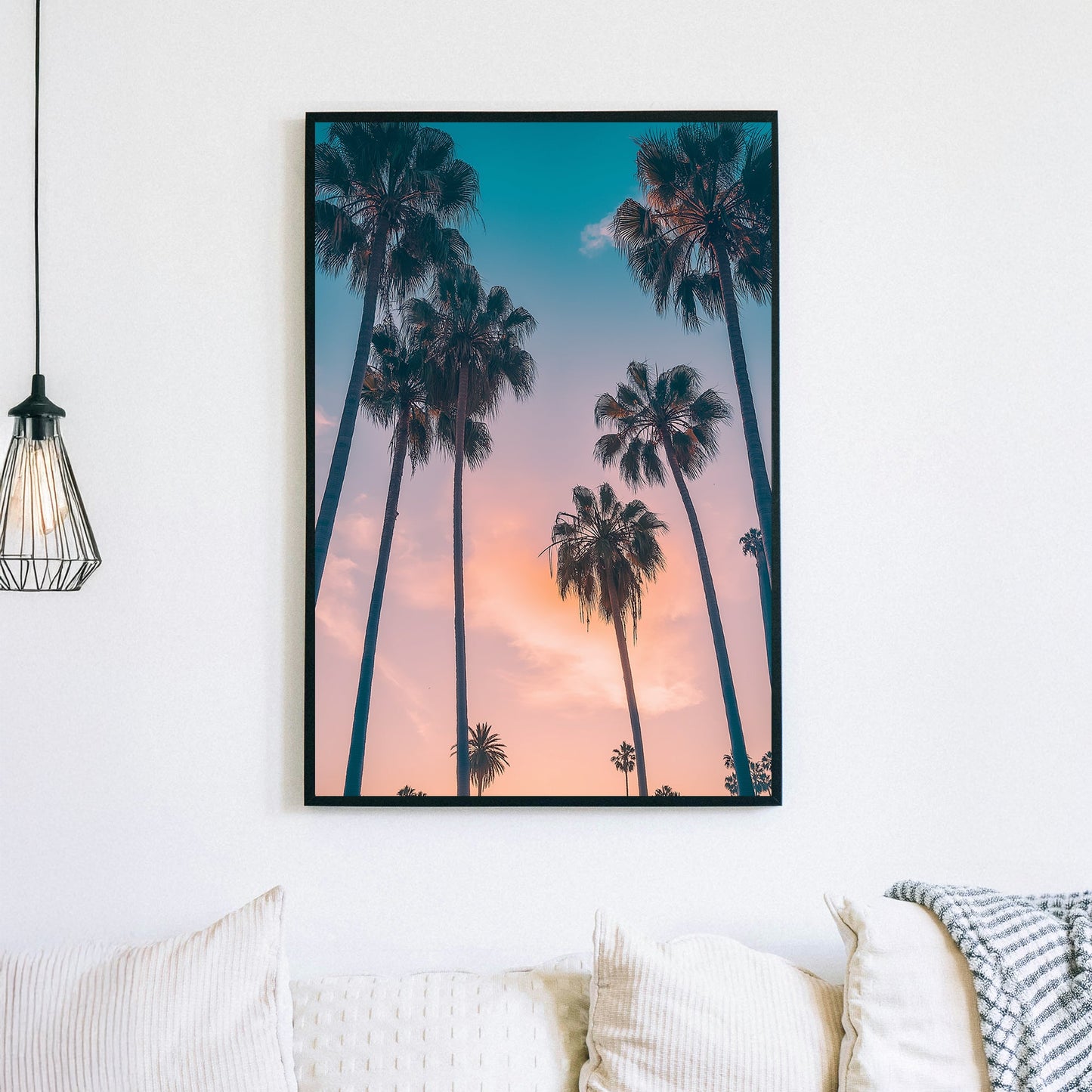 Tropical palm trees at sunset wall art with pastel sky.