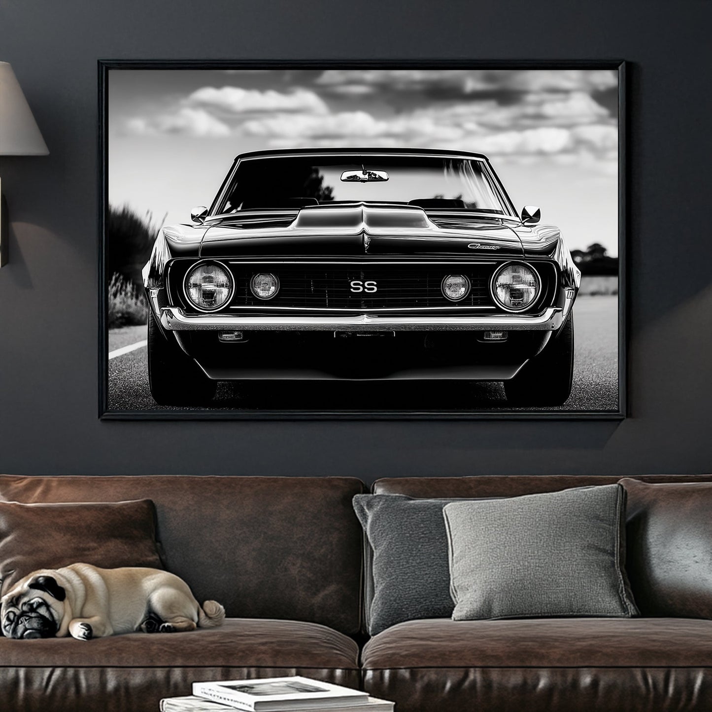 Black and white Chevelle muscle car front view wall art with SS emblem.