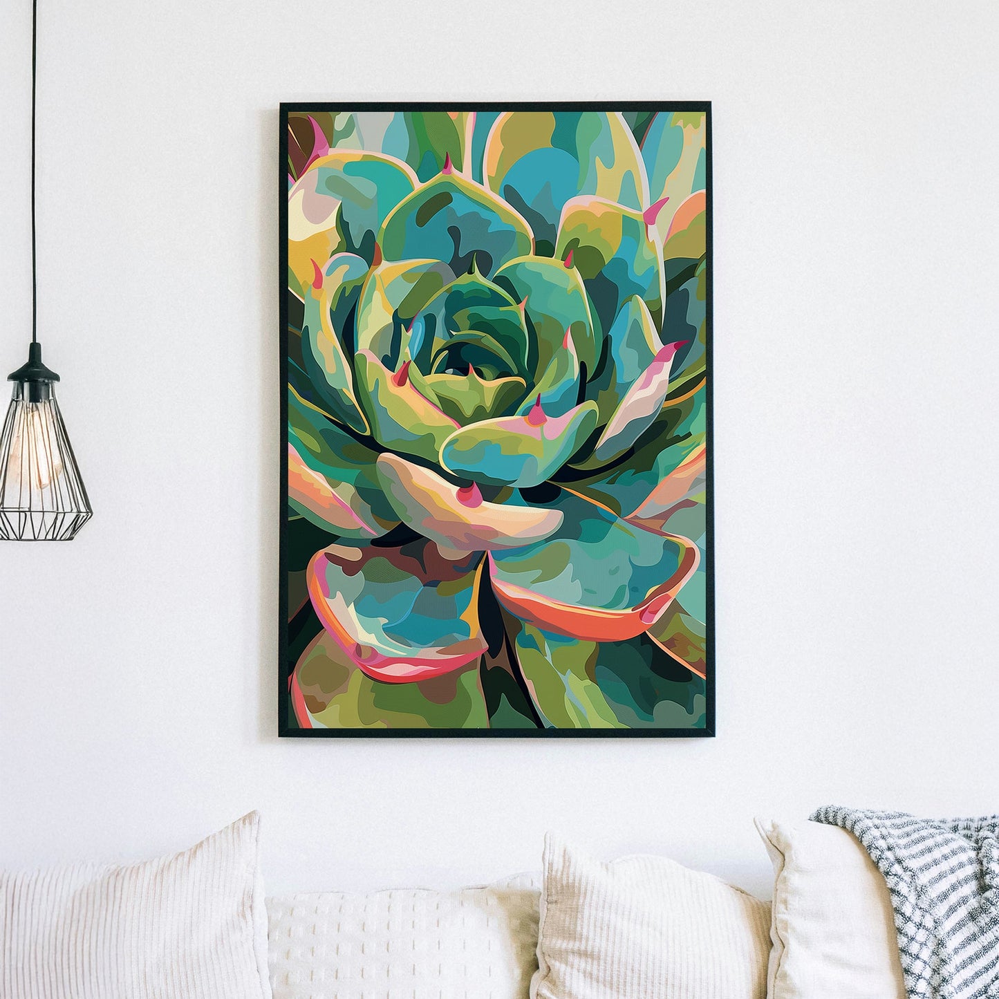 Vibrant succulent wall art with abstract colourful details.