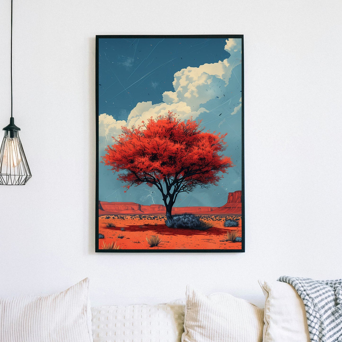 Lone crimson tree in a desert landscape wall art, bold blue sky and rugged canyon backdrop.