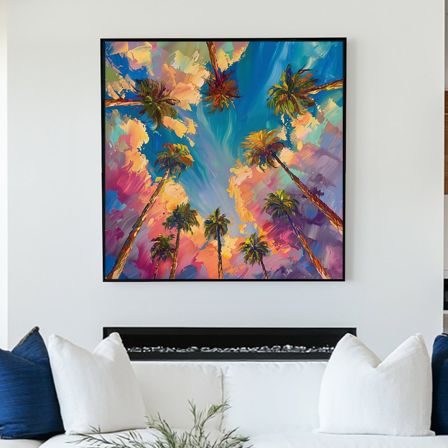 Vibrant sunset palm trees wall art with abstract brushstrokes and bold colours.