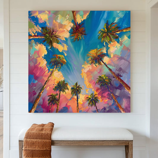 Vibrant sunset palm trees wall art with abstract brushstrokes and bold colours.