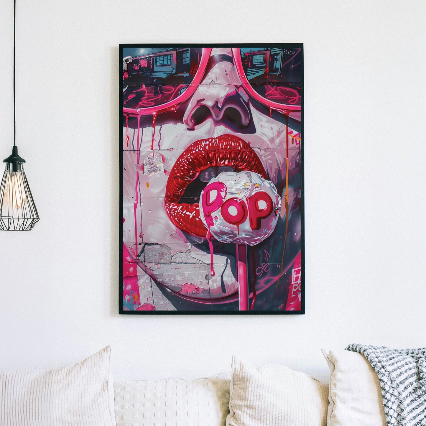 Graffiti-style wall art featuring glossy red lips, a dripping lollipop, and vibrant pink urban textures.