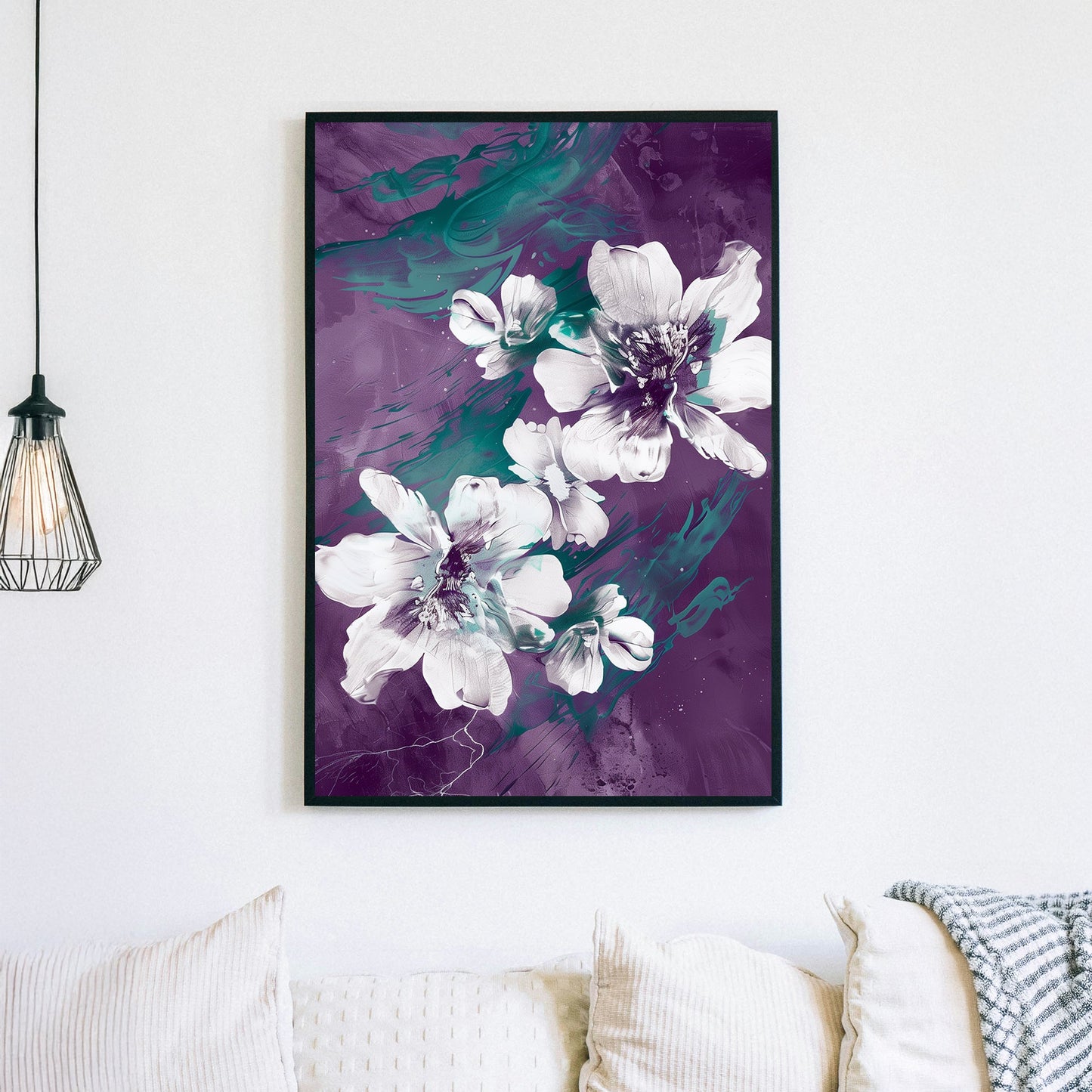 Abstract floral wall art with white flowers, deep purple background, and emerald green brushstroke details.