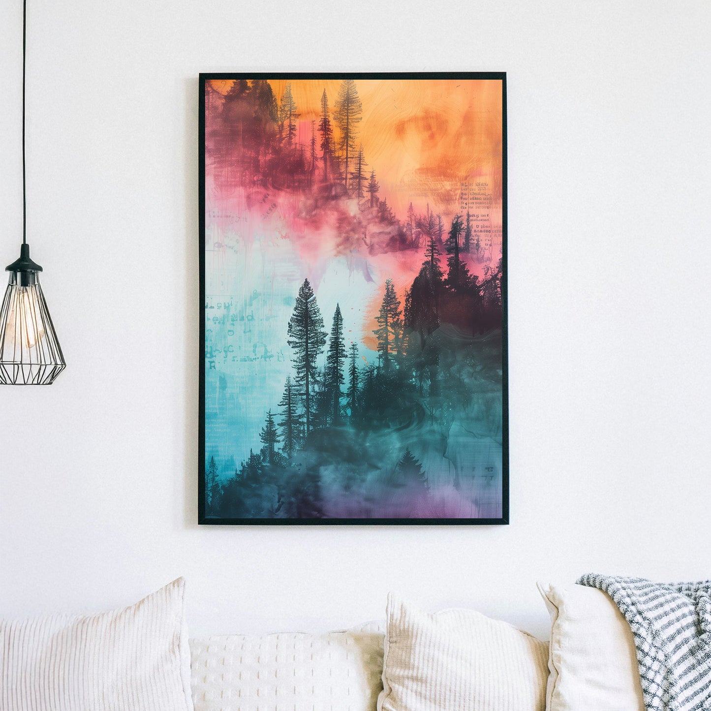 Abstract forest wall art with vibrant blue, orange, and pink hues blending into a misty tree silhouette.