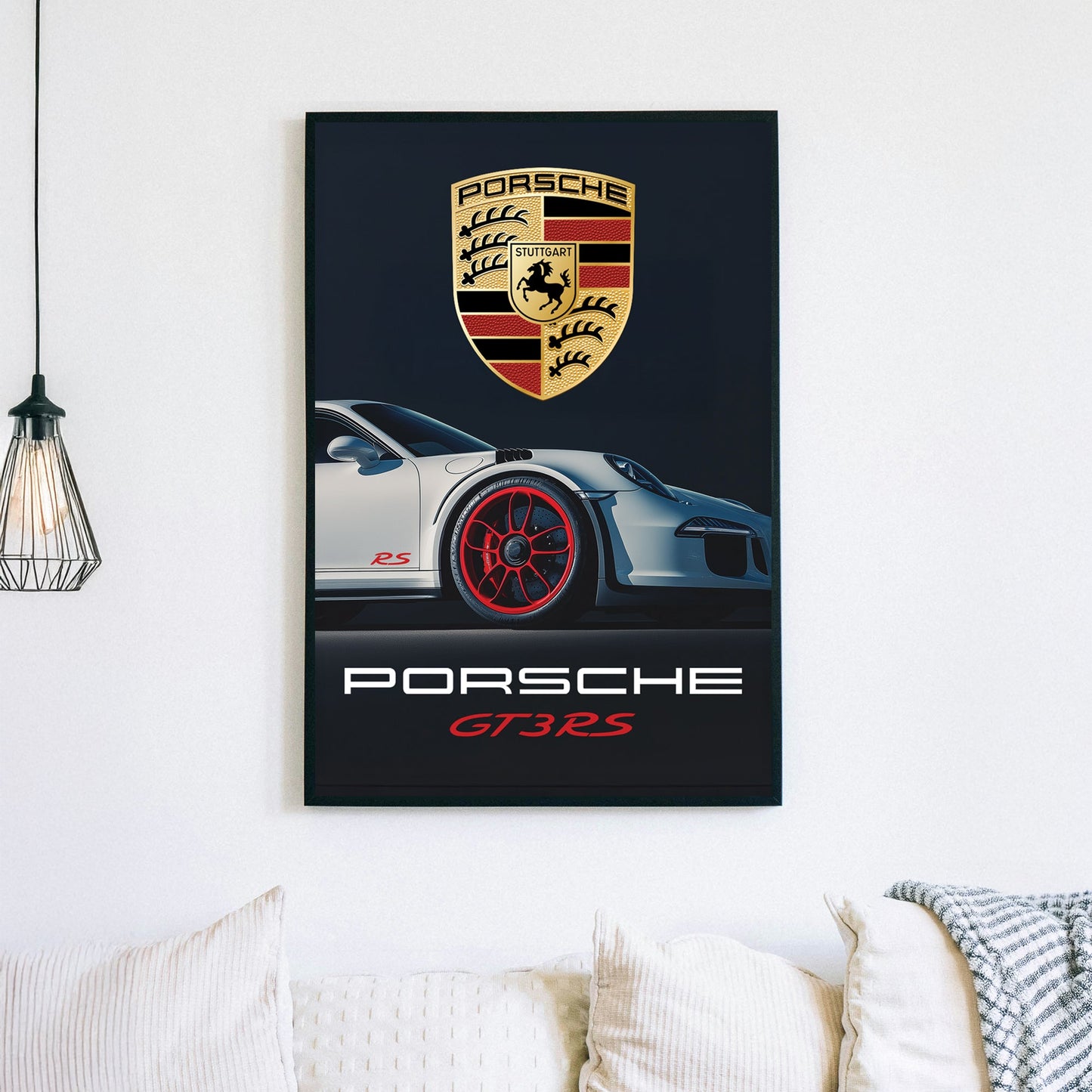 Porsche RS wall art featuring a sleek white sports car with red rims against a dark background.