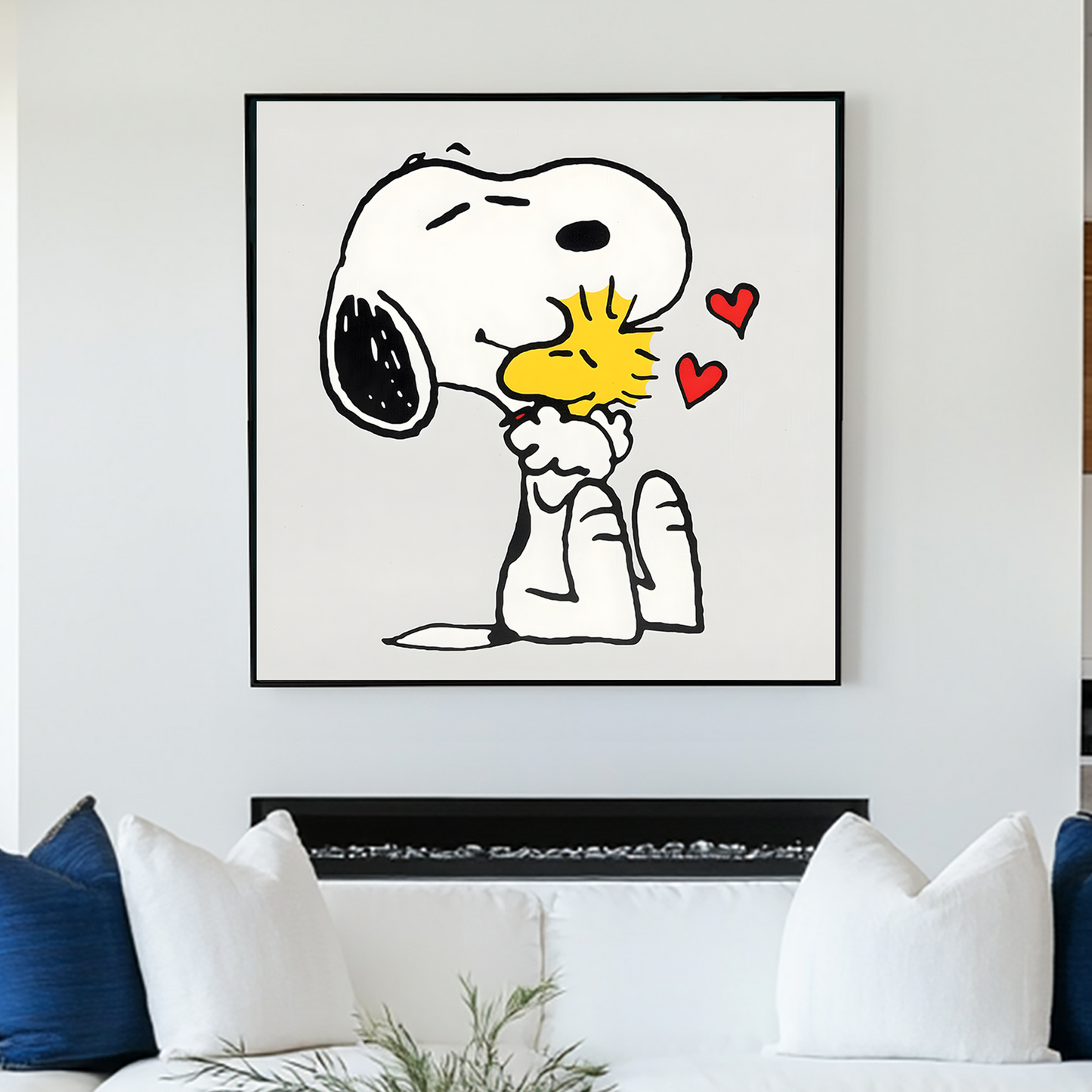 A piece of wall art featuring cartoon characters Snoopy and Woodstock from the Peanuts comic strip, with bold black outlines, crisp white space, and soft pops of color. The artwork shows Snoopy giving Woodstock a hug, with floating hearts in the air.