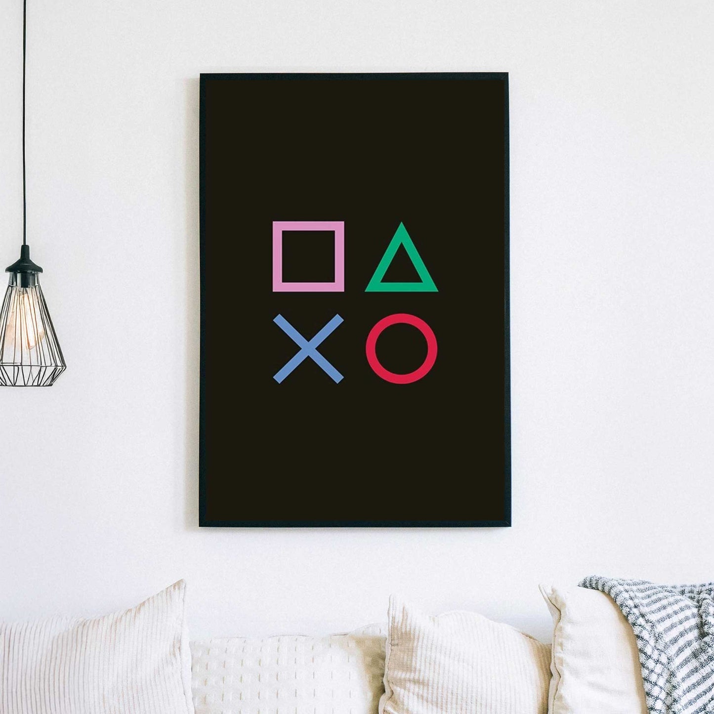Minimalist PlayStation controller shapes on black background wall art