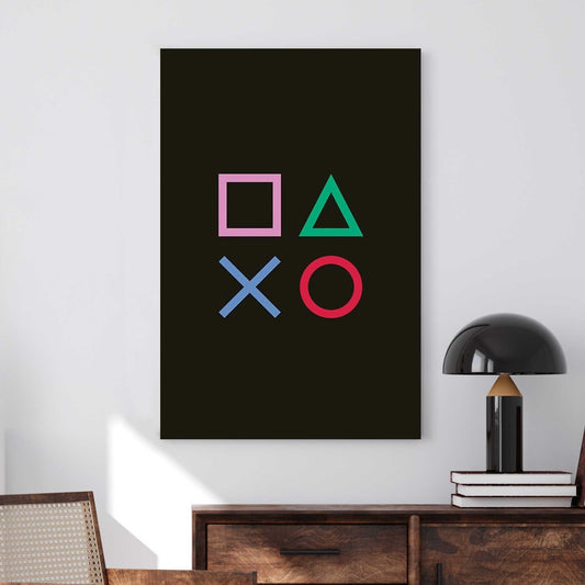 Minimalist PlayStation controller shapes on black background wall art