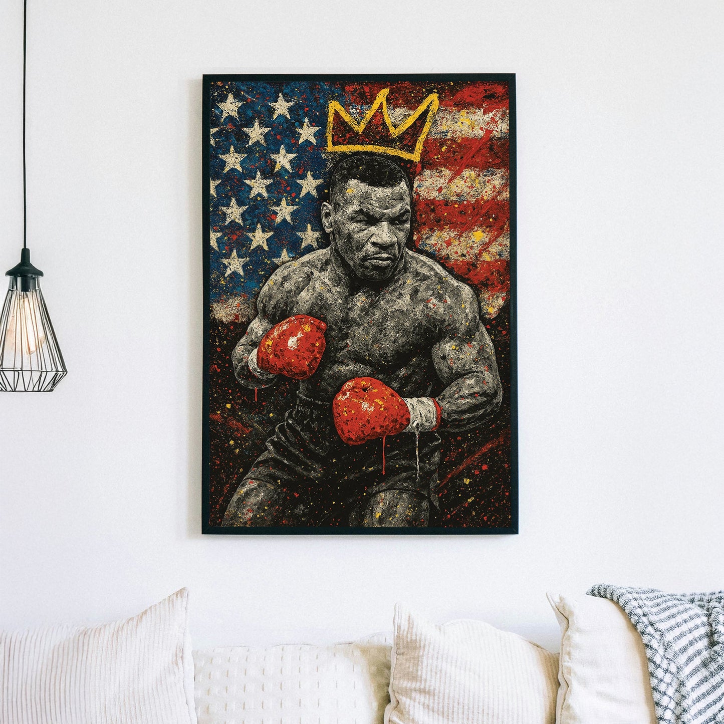 Mike Tyson wall art in front of American flag with crown graffiti