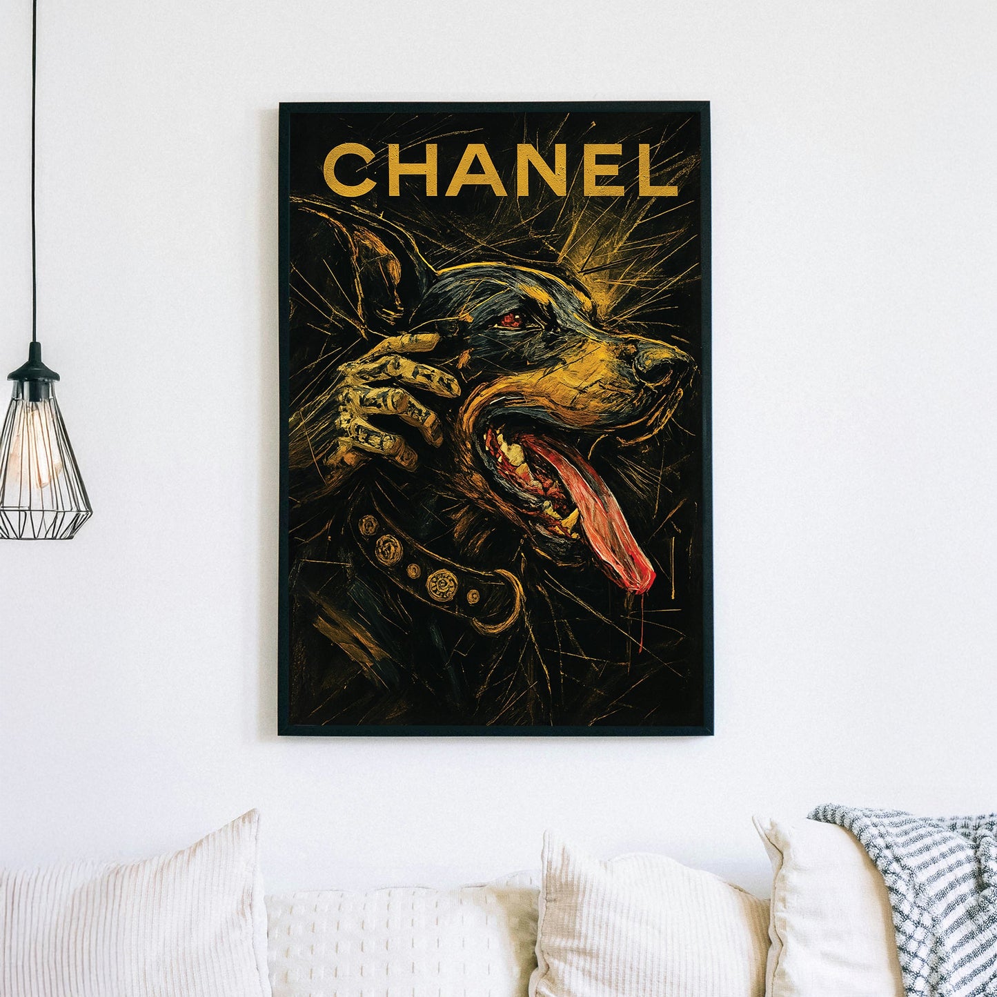 Doberman with gold Chanel text and luxury collar wall art