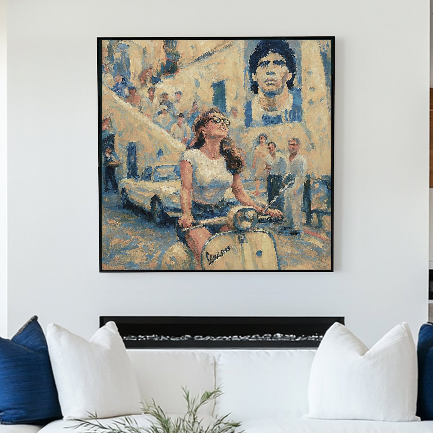 Woman riding a Vespa through Italian street with mural of Maradona wall art