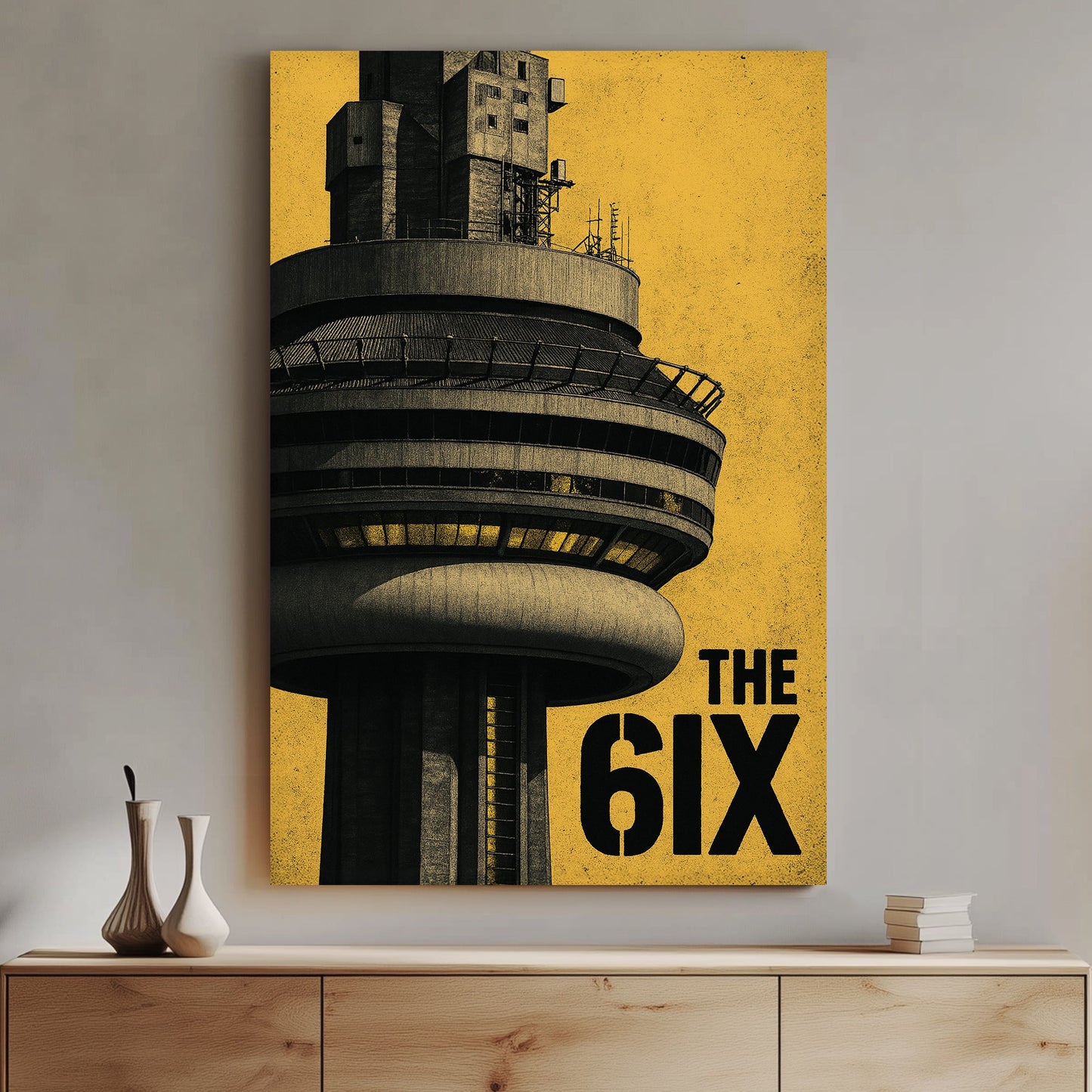 CN Tower close-up with yellow background and “The 6IX” text wall art