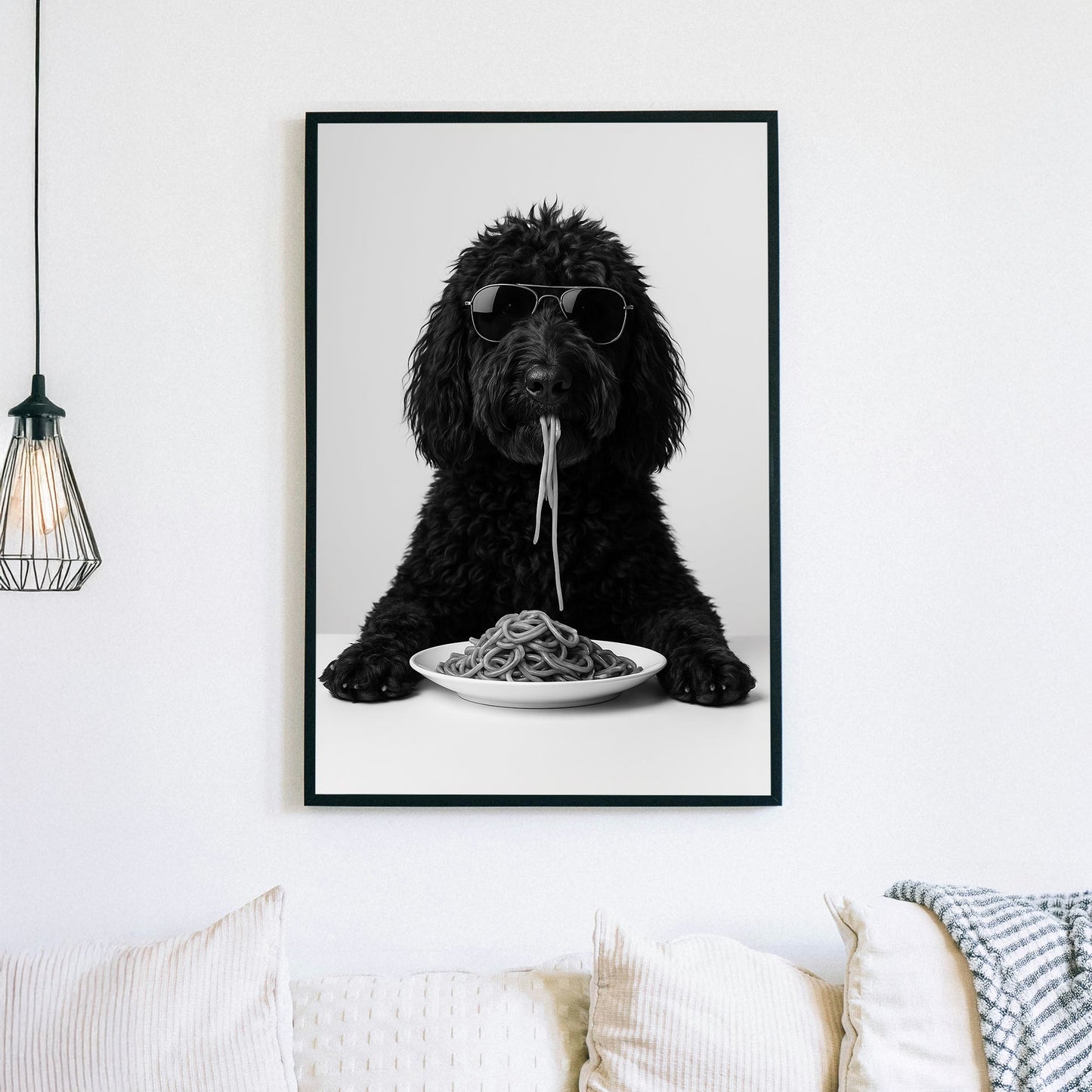 Black dog golden doodle wearing sunglasses eating spaghetti at a table wall art