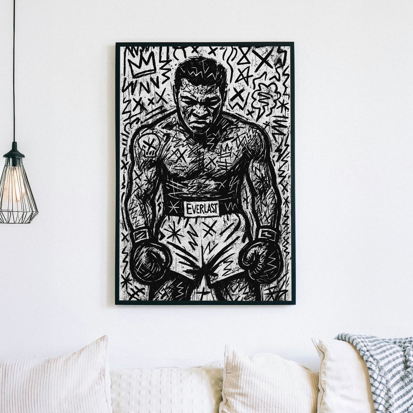 Graffiti-style black and white sketch of Muhammad Ali wall art