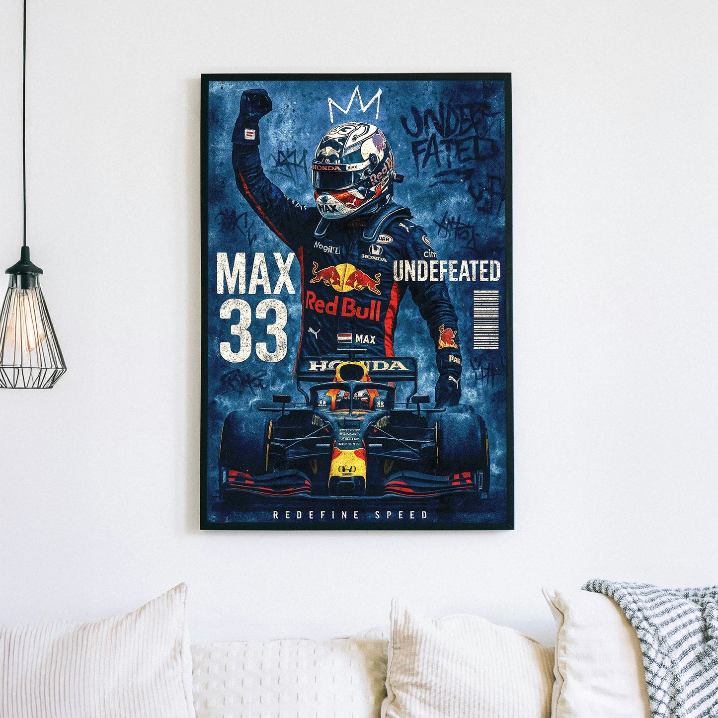 Max Verstappen Red Bull Racing victory pose with graffiti background wall art