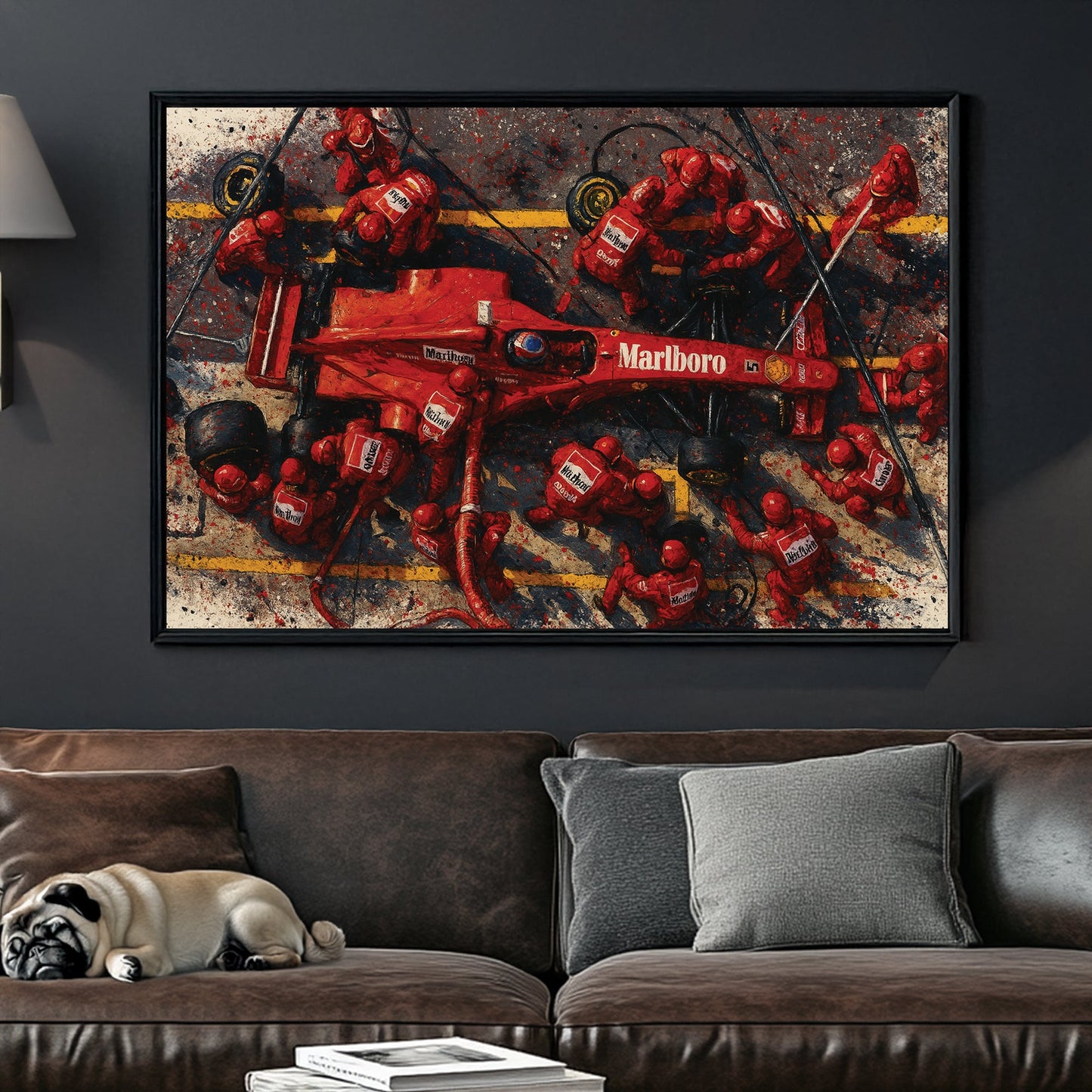 Overhead view of Ferrari Formula 1 pit stop in red with Marlboro branding wall art