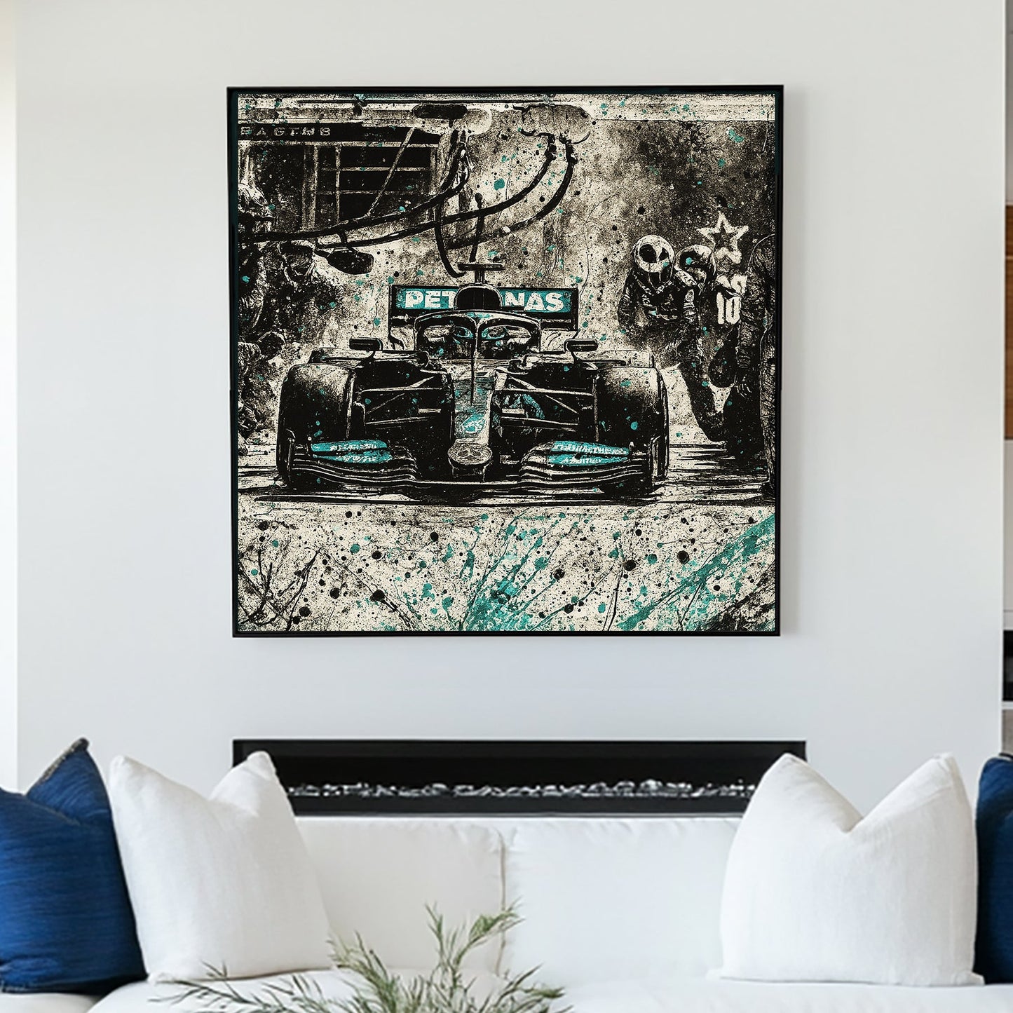 Mercedes Petronas F1 pit stop with teal paint splatter wall art