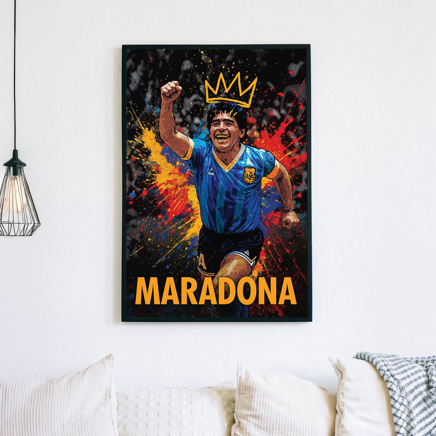 Maradona celebrating in Argentina jersey with crown and colourful paint splash wall art