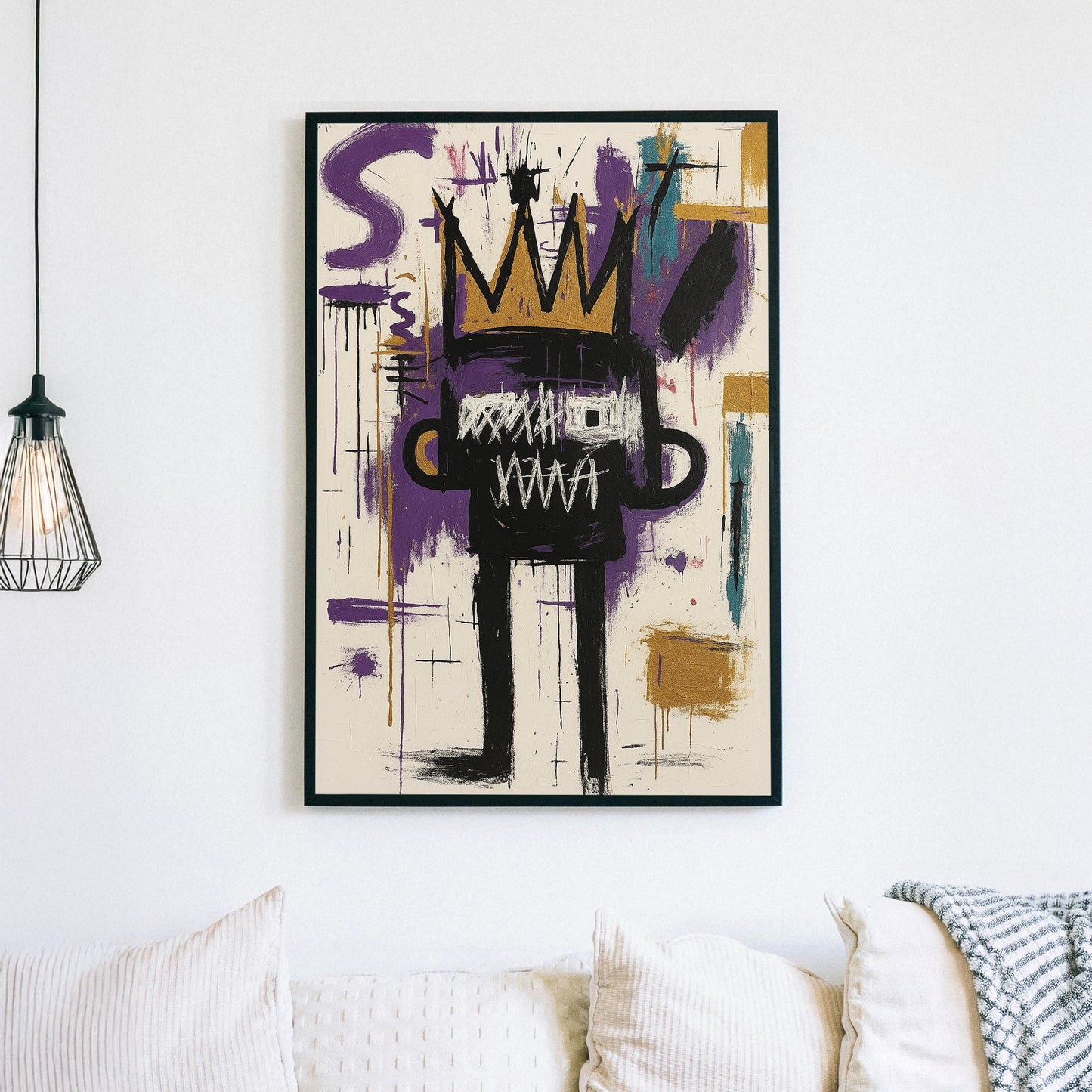 Basquiat abstract graffiti-style with gold crown on white wall art