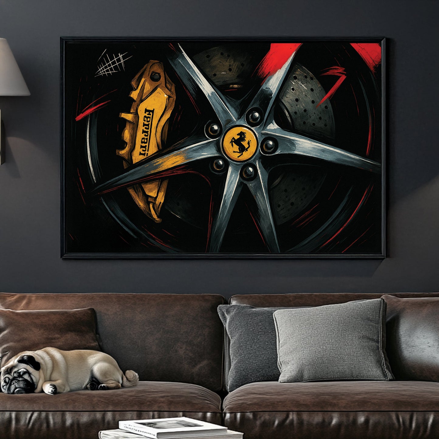 Close-up of Ferrari wheel and yellow brake caliper with red accents wall art