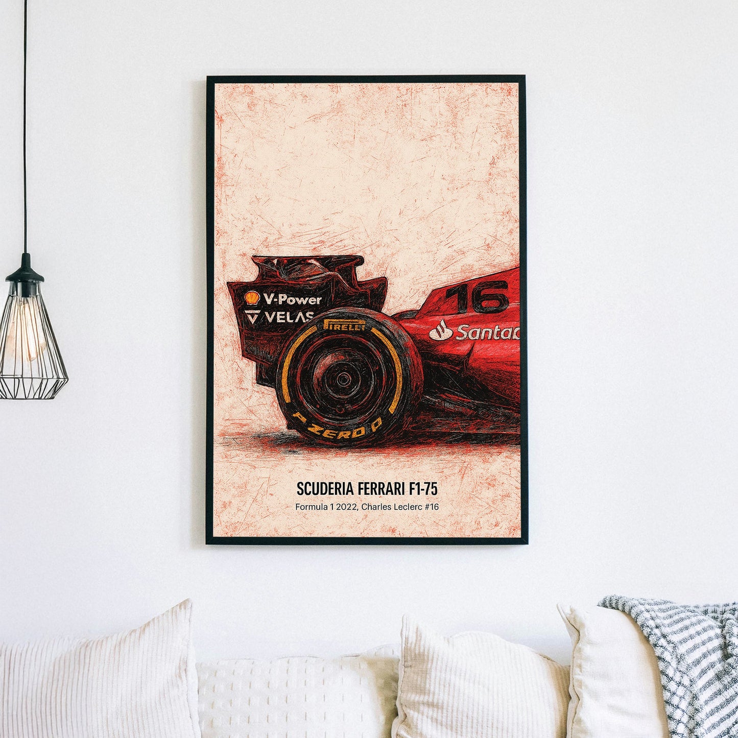 Sketch-style Ferrari F1-75 rear tire with Charles Leclerc number 16 wall art