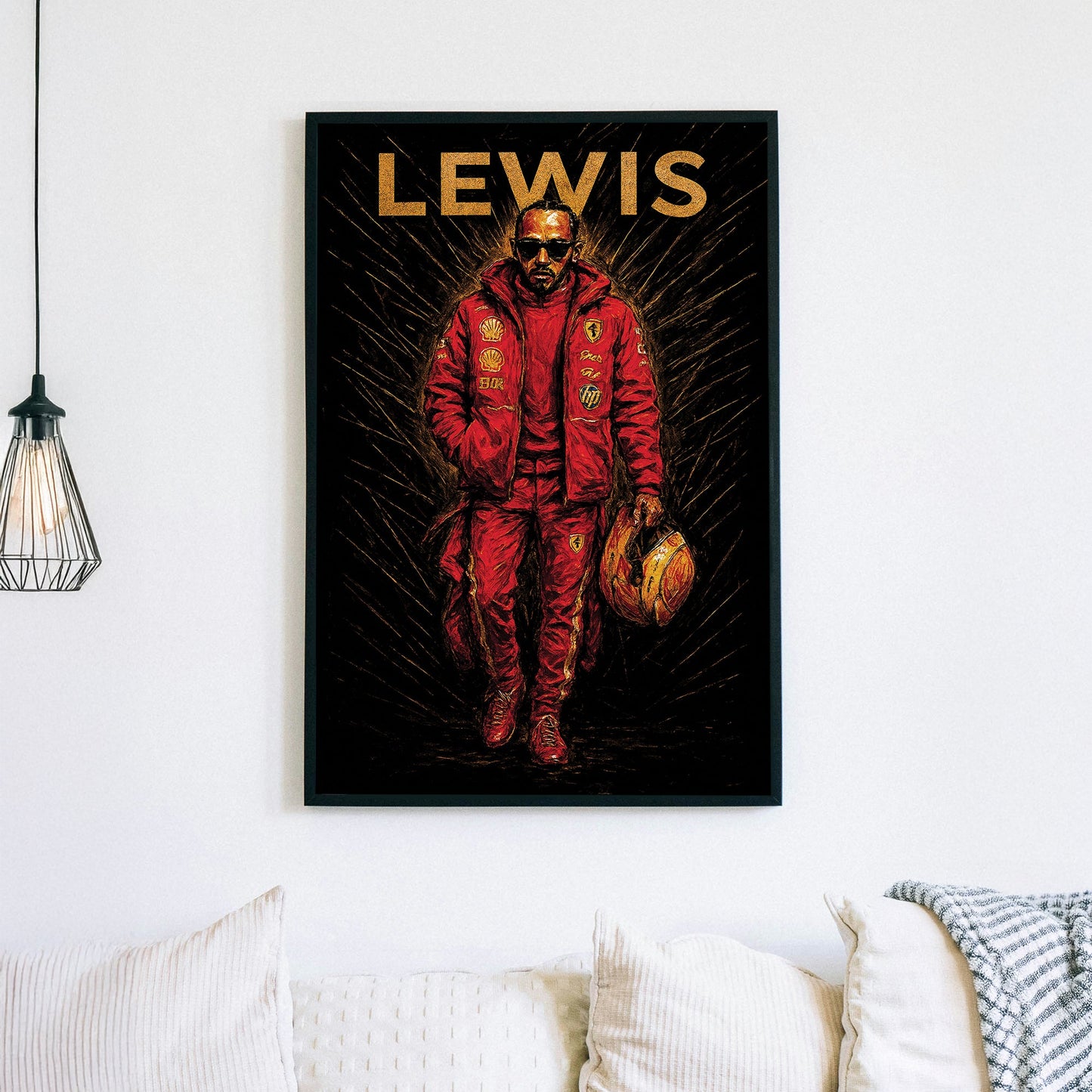 Lewis Hamilton in Ferrari red race suit holding helmet with gold accents wall art