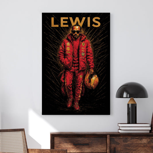 Lewis Hamilton in Ferrari red race suit holding helmet with gold accents wall art