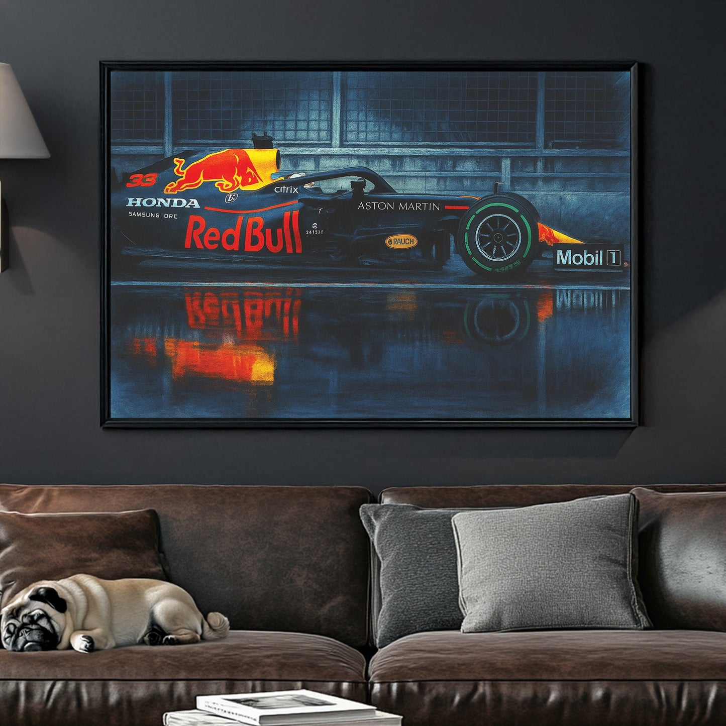 Red Bull Formula 1 car on wet track wall art with reflection