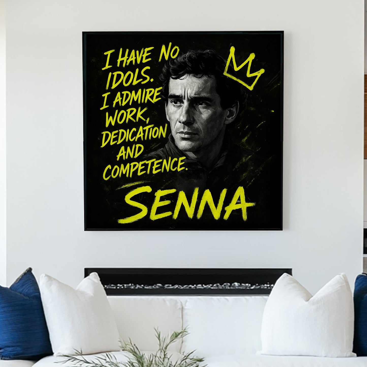 Ayrton Senna portrait wall art with motivational quote in yellow graffiti style