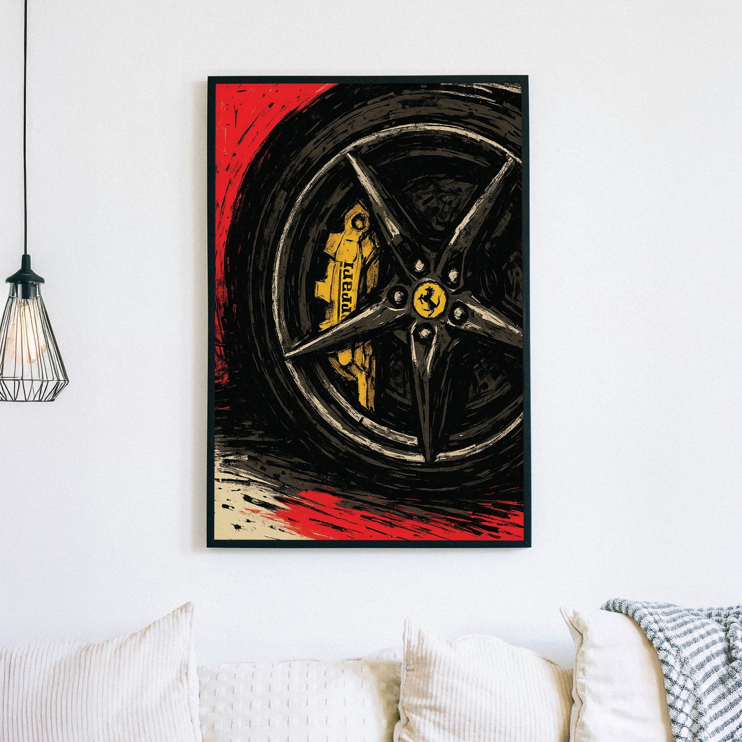 Ferrari brake and rim close-up wall art in bold red, black and yellow