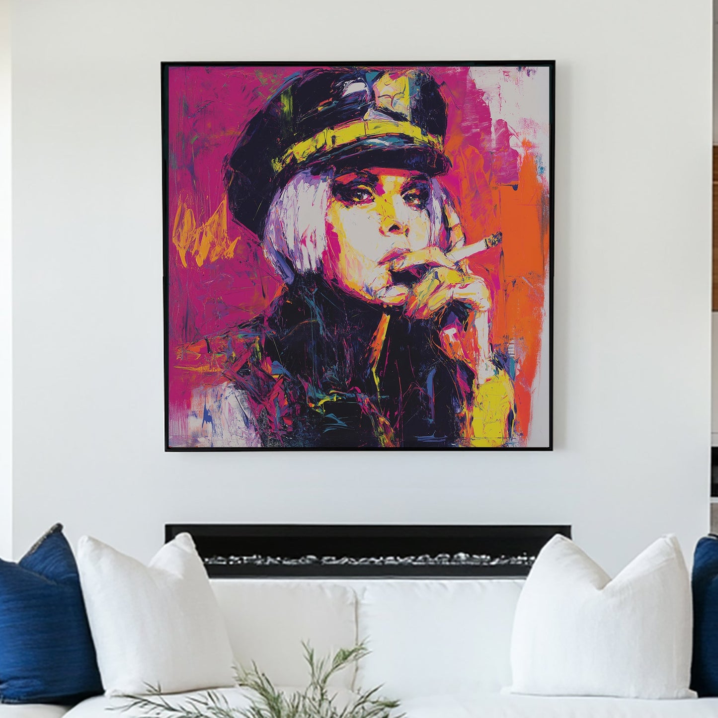 neon pop wall art of woman smoking in bold pink, orange and yellow paint strokes