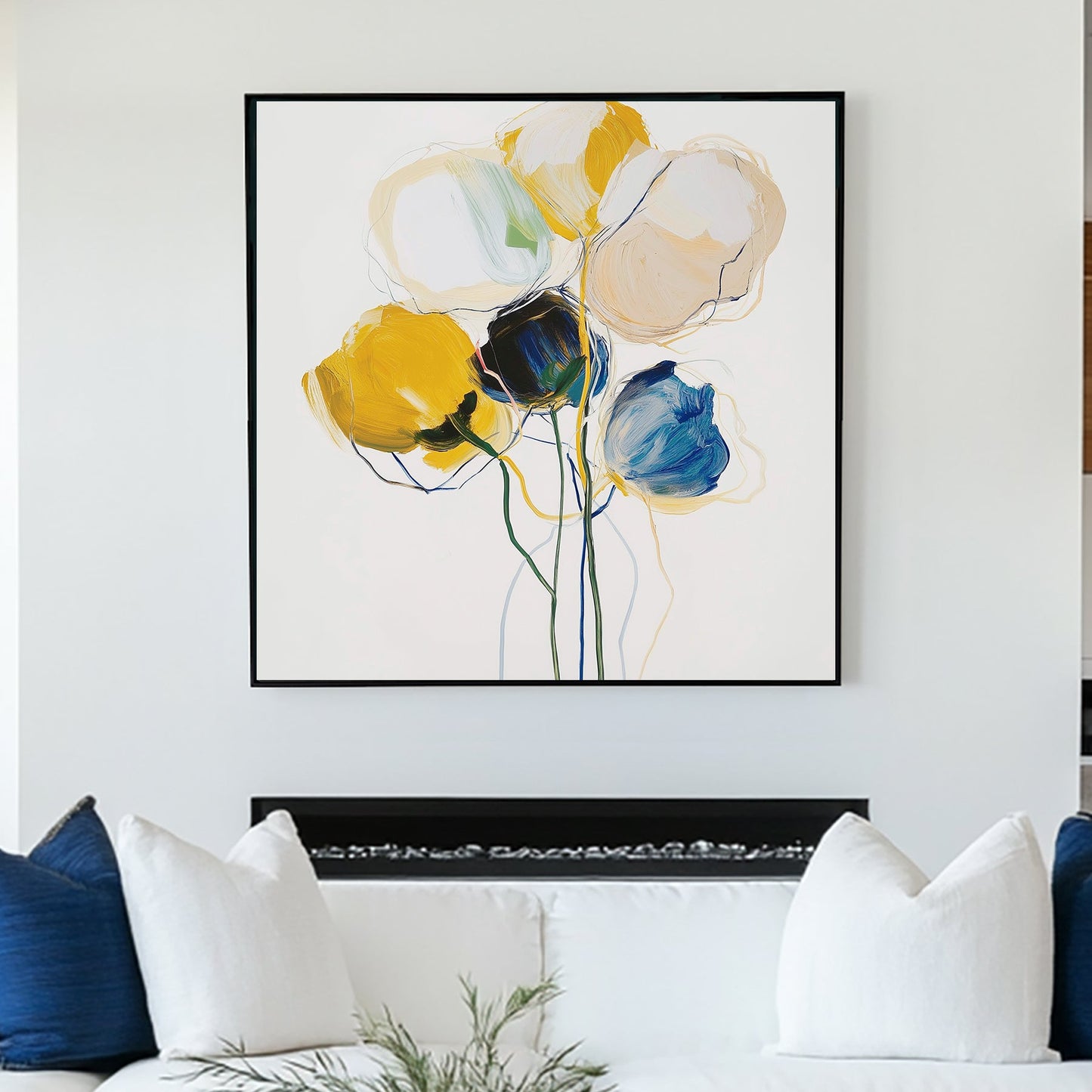 modern floral wall art with yellow and blue abstract flowers on white background