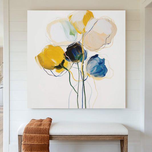 modern floral wall art with yellow and blue abstract flowers on white background