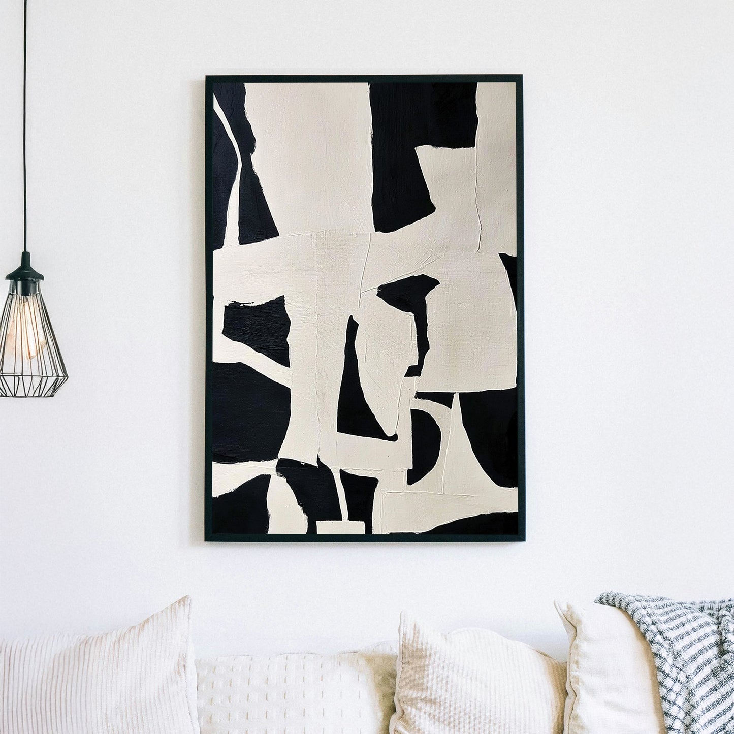Abstract black and white wall art with geometric shapes and modern design