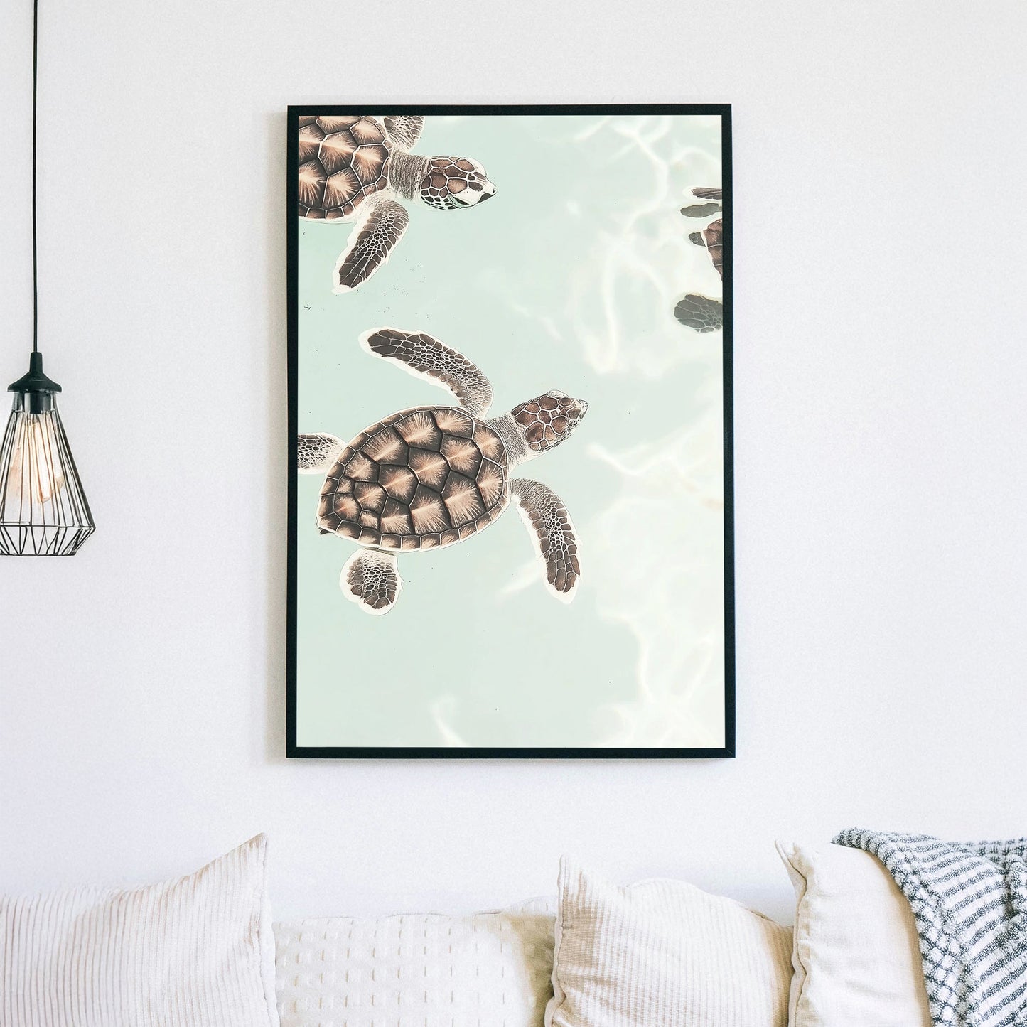 Minimalist sea turtle wall art floating in pastel ocean water