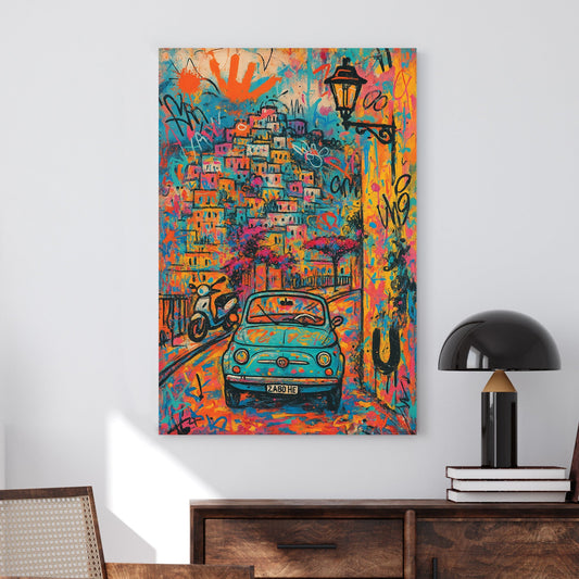 Colourful graffiti-style Positano wall art with vintage Fiat and cityscape