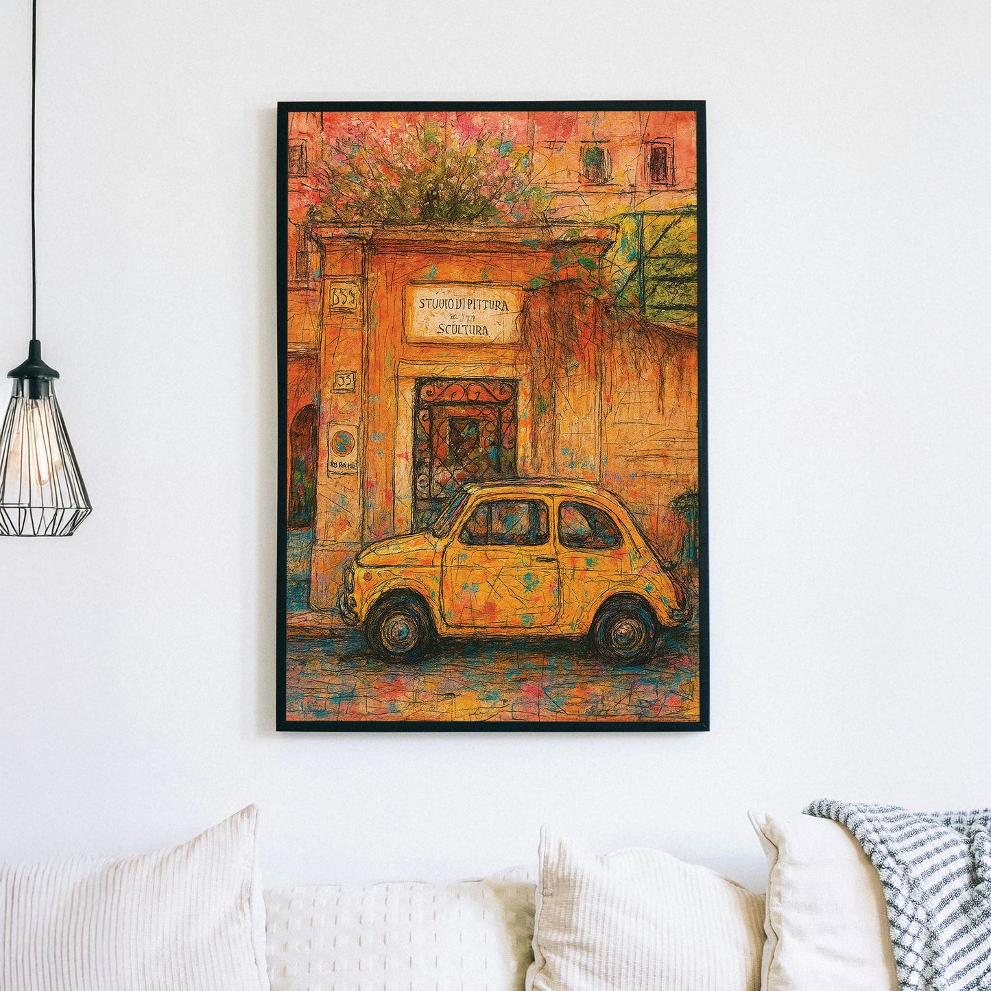 Italian street scene wall art with yellow Fiat parked by art studio